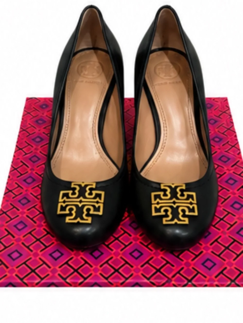 Tory Burch Black Leather Wedge Pumps with Gold Logo